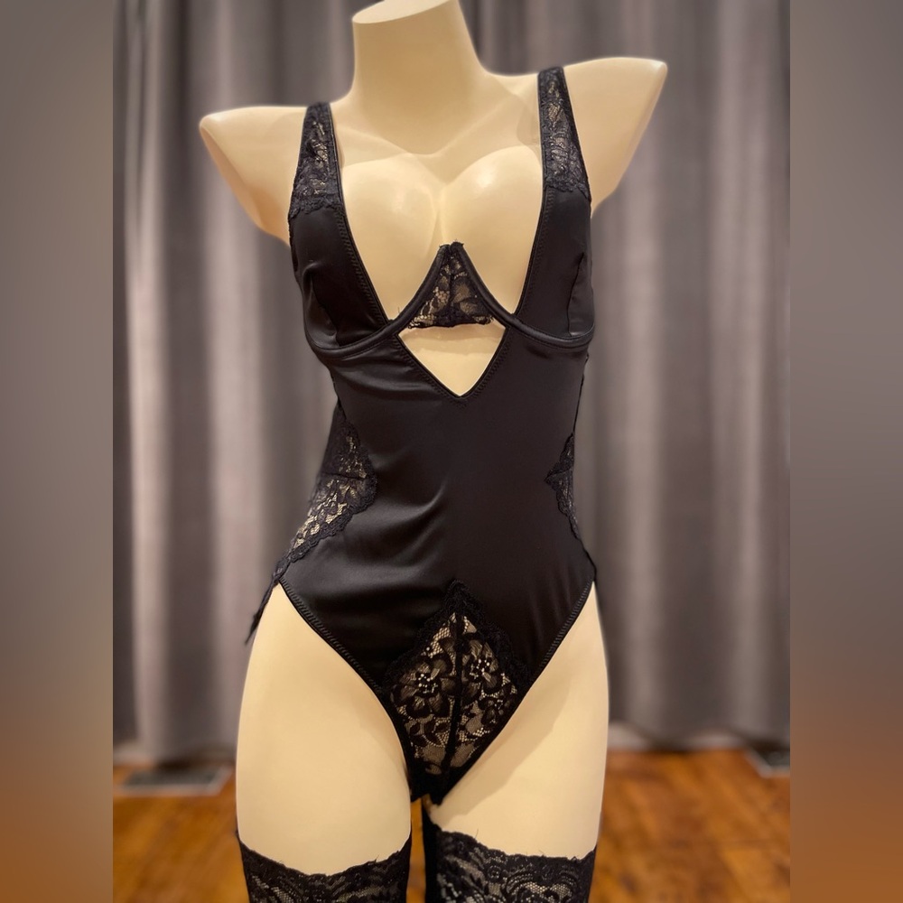 Black satin bodysuit teddy